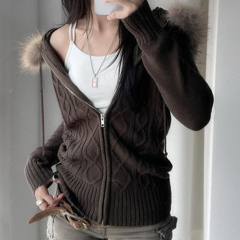 Vintage Cable Knit Zip Up Hooded Cardigan
