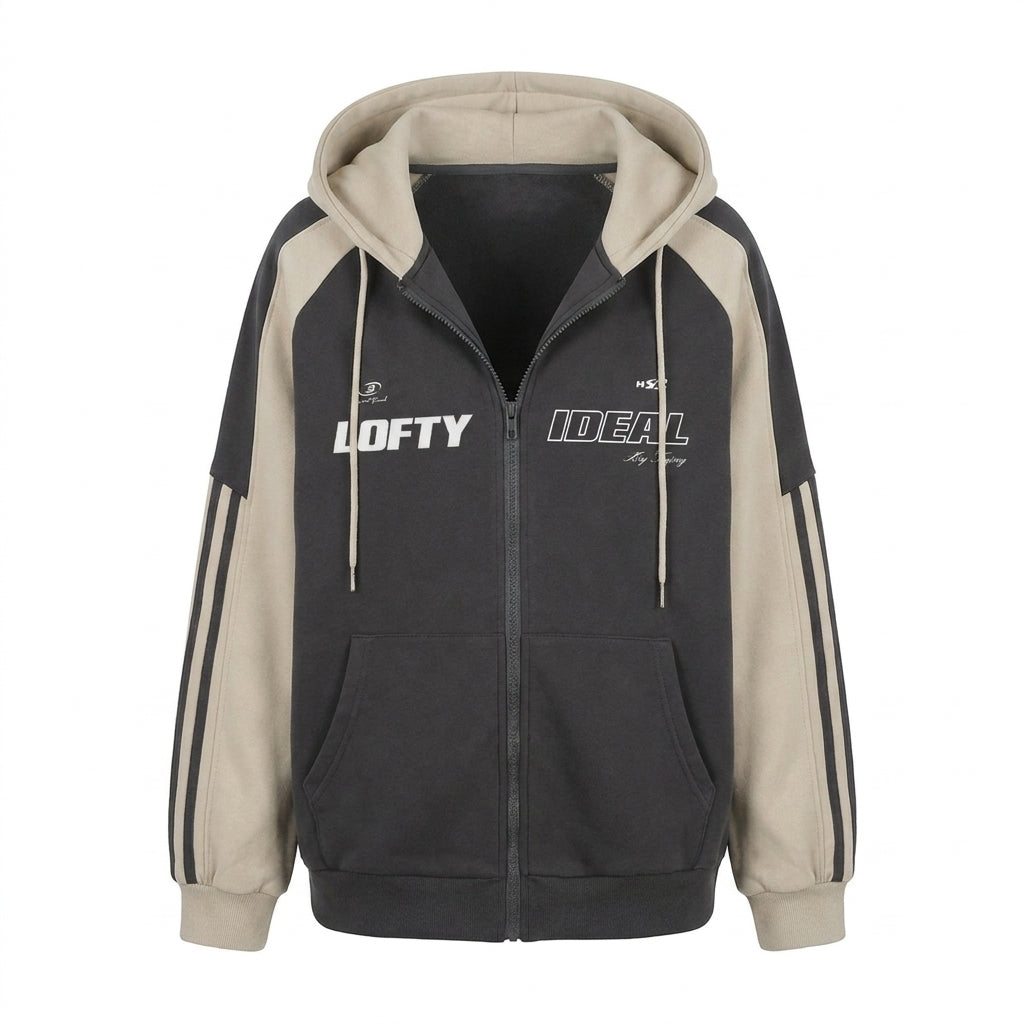 Vintage Color Block Zip Up Hoodie