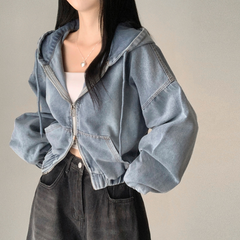 Vintage Denim Oversized Zip Up Hooded Jacket