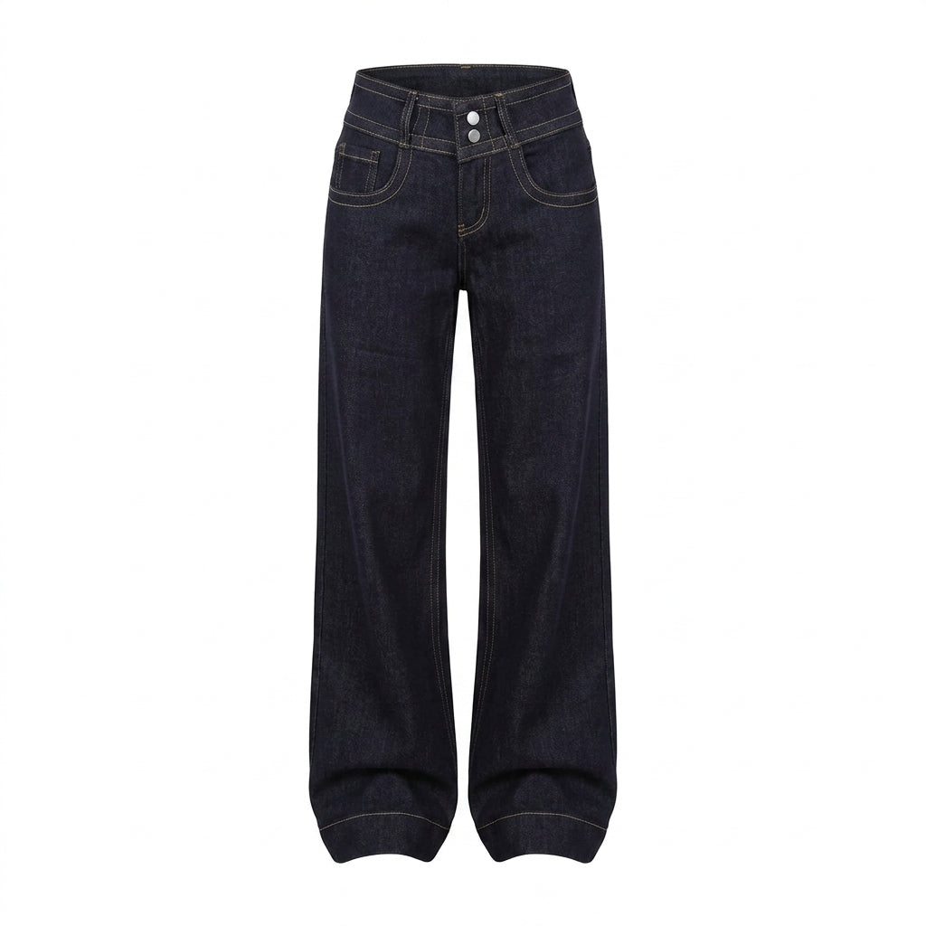 Dark indigo wide-leg denim jeans with contrast light stitching, shown flat against a solid white background.