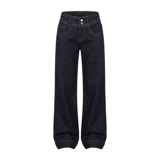 Dark indigo wide-leg denim jeans with contrast light stitching, shown flat against a solid white background.