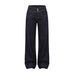 Dark indigo wide-leg denim jeans with contrast light stitching, shown flat against a solid white background.