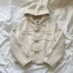 Vintage Duffle Button Hooded Wool Coat – Cropped Chenille Toggle Coat in 3 Colours