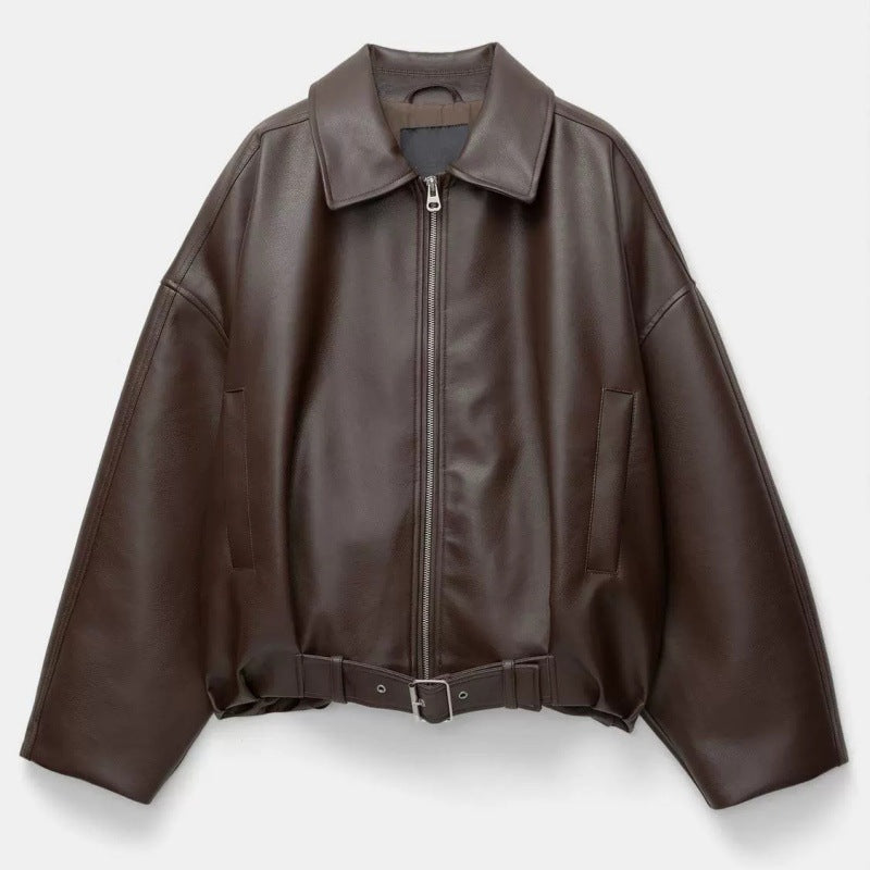 Brown leather jacket on a light gray background
