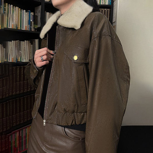 Vintage Fur Collar Pu Leather Zip Up Jacket
