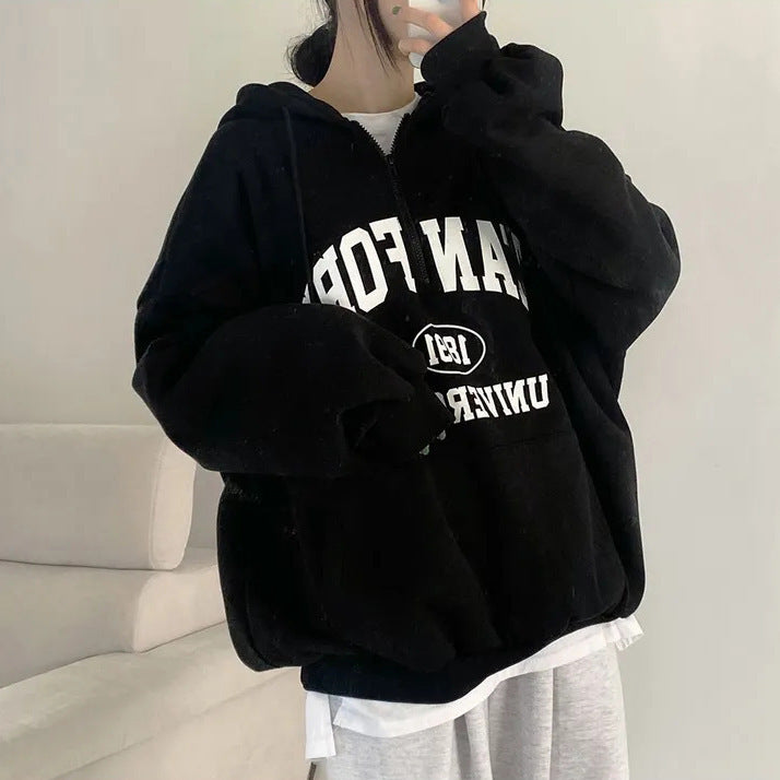 Vintage Half Zip Up Letter Print Oversized Hoodie