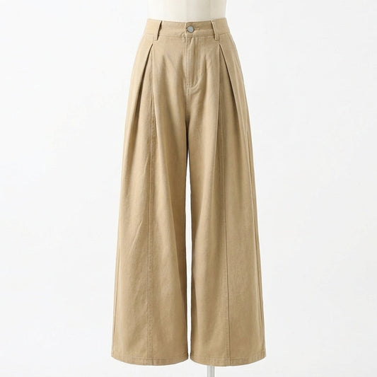 Beige wide-leg pants on a mannequin against a white background