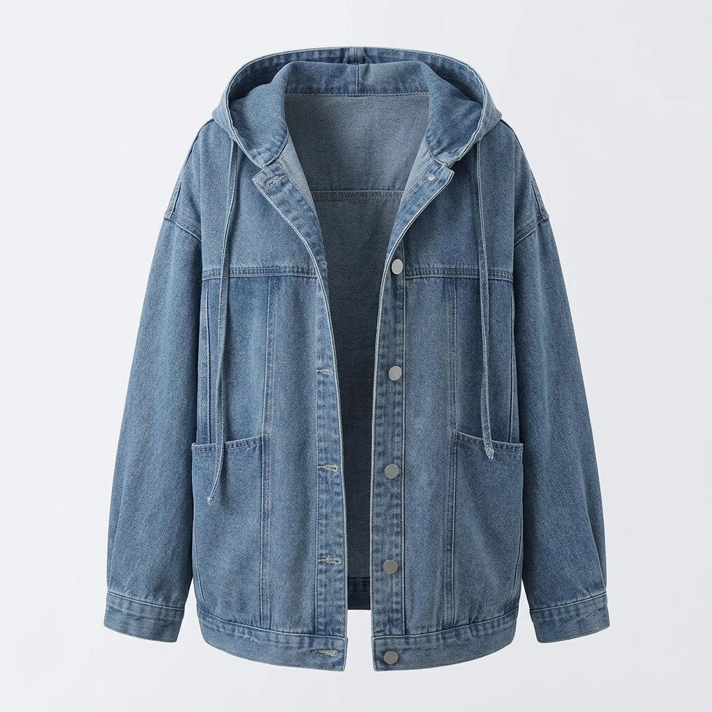 Blue denim jacket with a hood on a light gray background