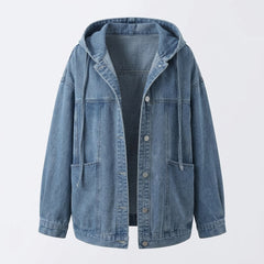 Blue denim jacket with a hood on a light gray background