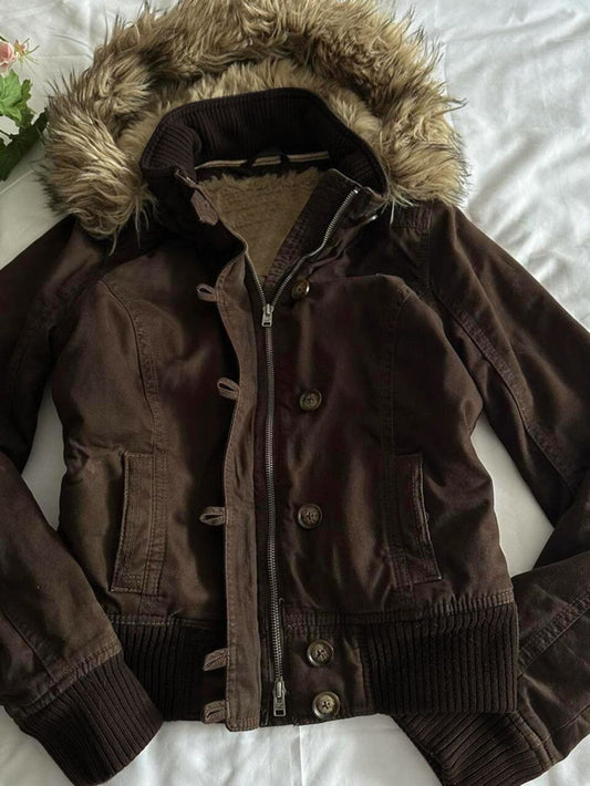 Vintage Hooded Fur Collar Jacket – A-Line Slim Waist Faux Fur Coat