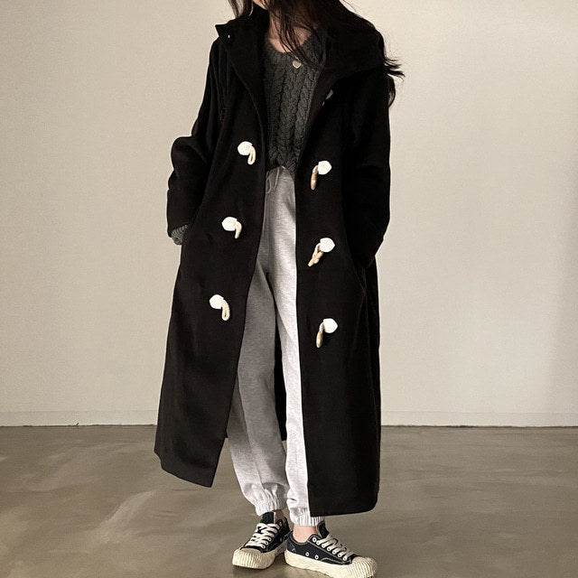 Vintage Horn Button Hooded Maxi Coat