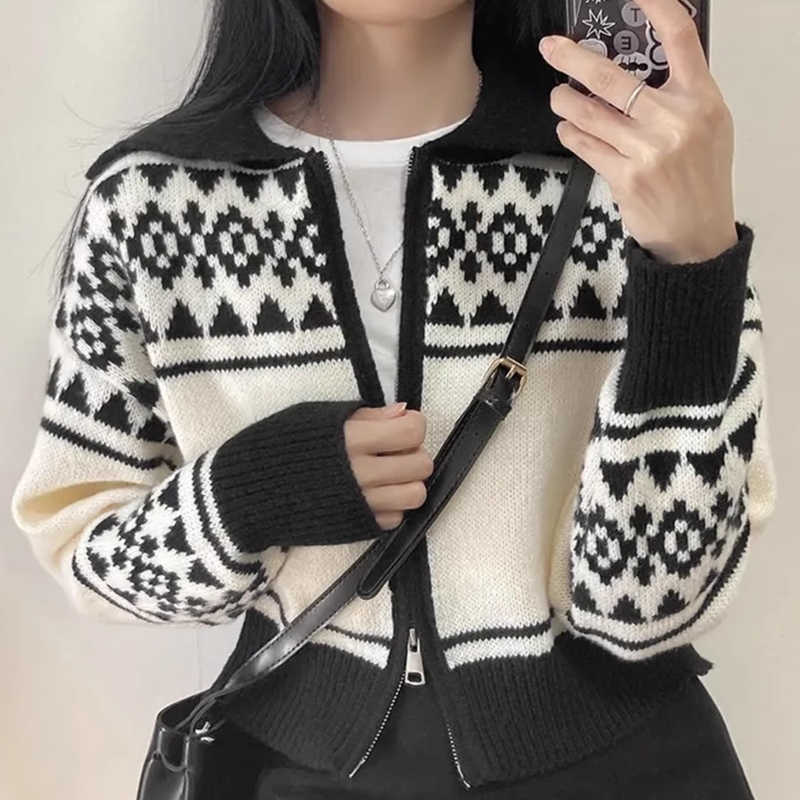 Vintage Jacquard Print Zip Up Cardgan