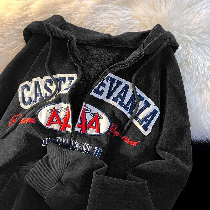 Vintage Letter Embroidery Zip Up Hoodie