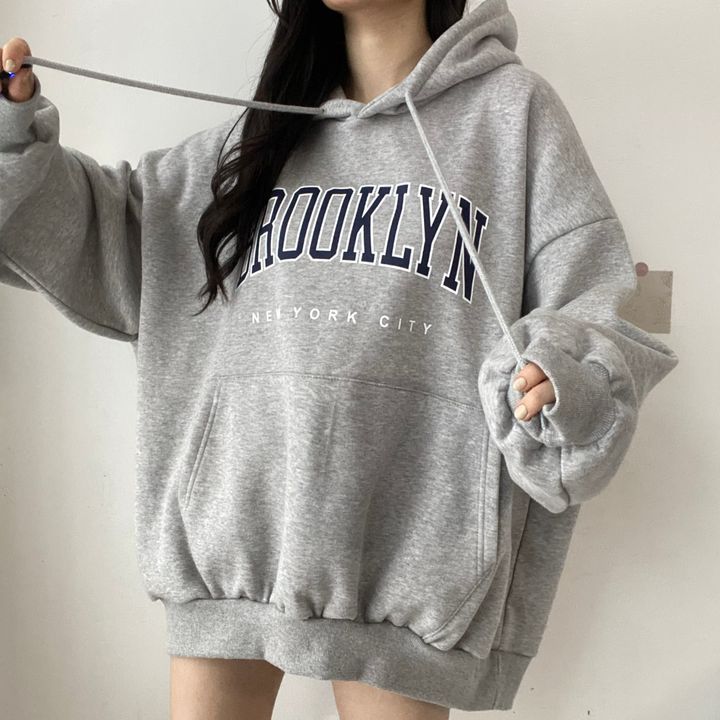Vintage Letter Print Mid Length Loose Hoodie