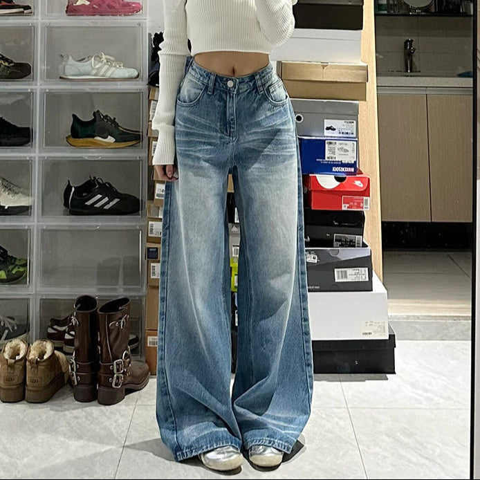 Vintage Light Wash Straight Wide Leg Jeans