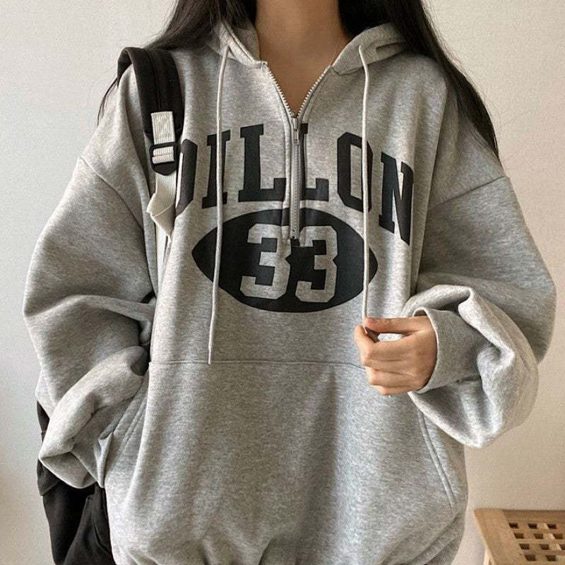 Vintage Logo Print Half Zip Up Oversized Hoodie