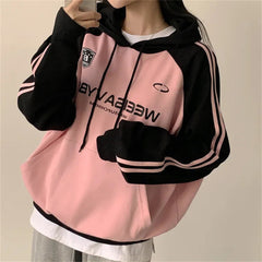 Vintage Logo Print Raglan Striped Sleeve Hoodie