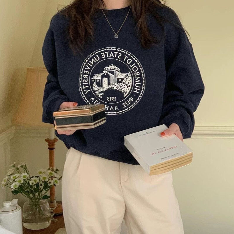 Vintage Logo Print Round Neck Pullover Sweatshirt