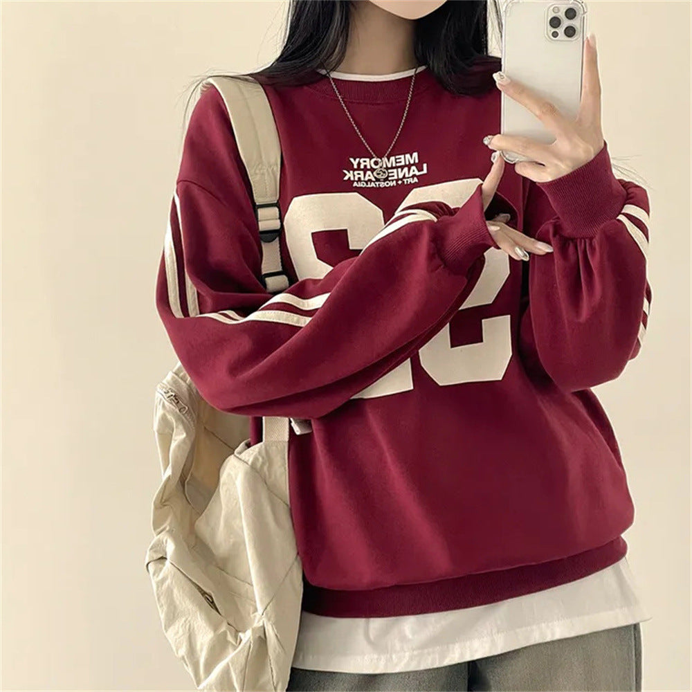 Vintage Number Print Striped Sleeve Sweatshirt - fairypeony