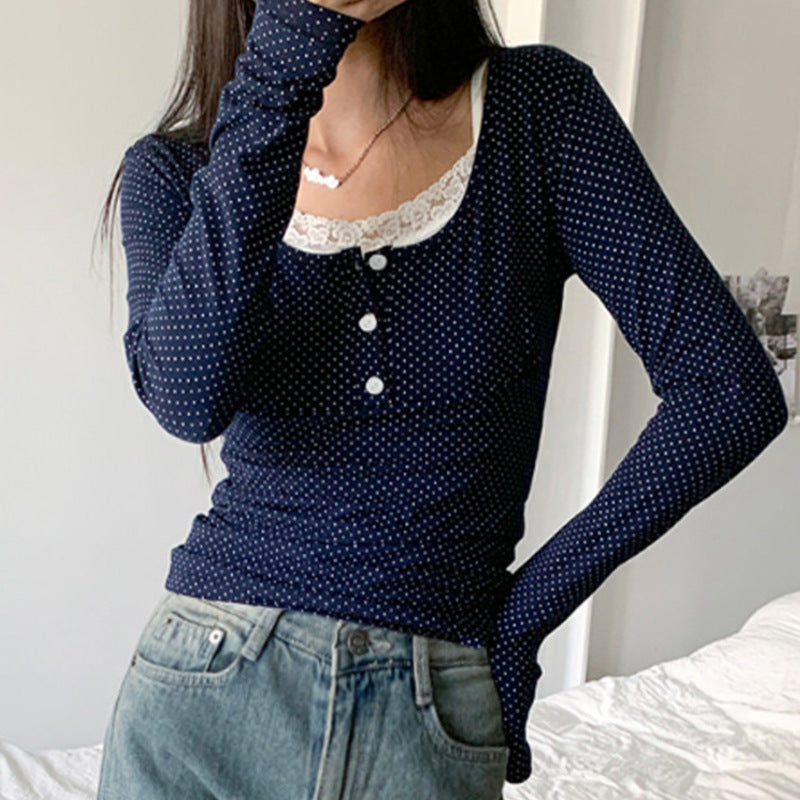 Vintage Patchwork Polka Dots Long Sleeve Tee