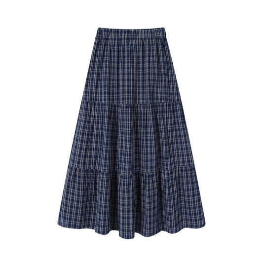 Elastic waist patchwork plaid midi skirt for women - fairypeony