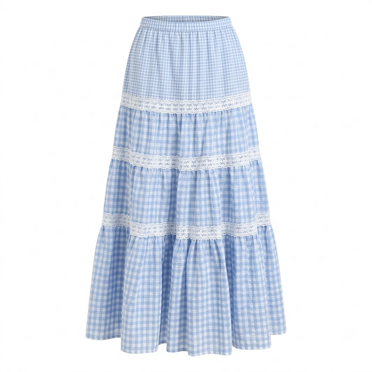Blue and white checkered skirt with lace trim on a white background