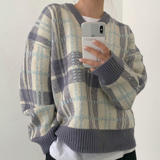Vintage Plaid Striped V-Neck Pullover Sweater