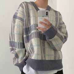 Vintage Plaid Striped V-Neck Pullover Sweater