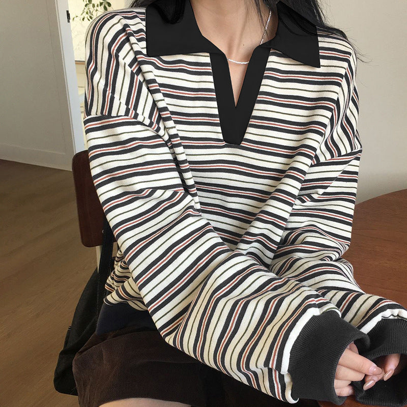 Vintage Polo Collar Striped Oversized Sweatshirt