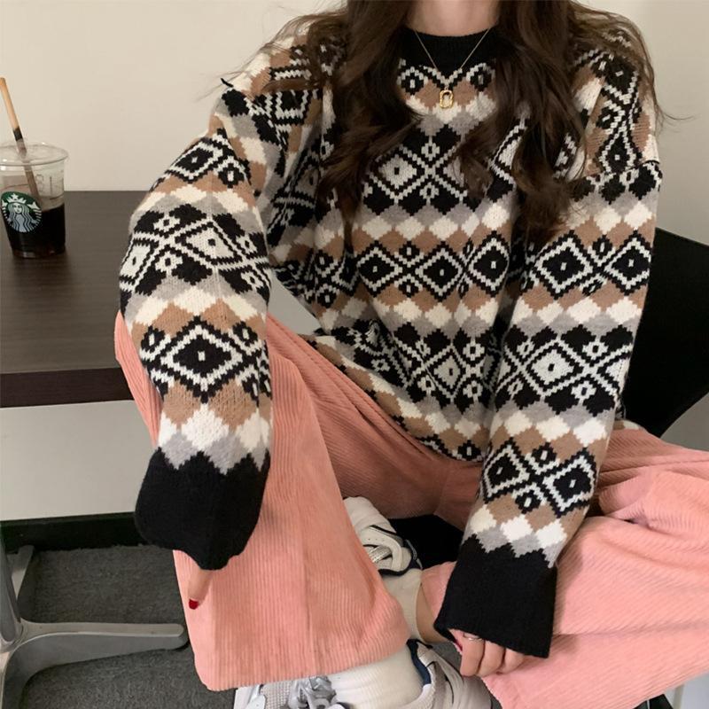 Vintage Print Round Neck Loose Sweater