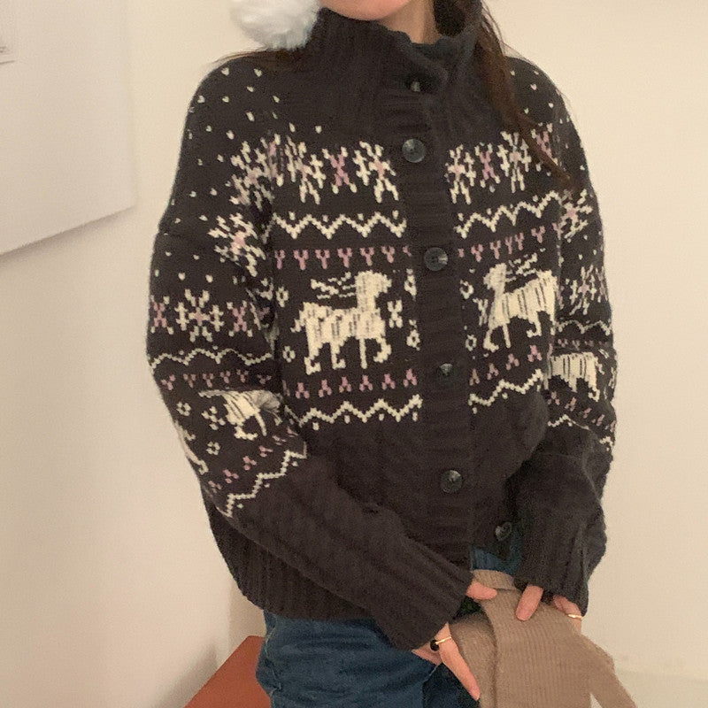 Vintage Print Stand Collar Button Cardigan