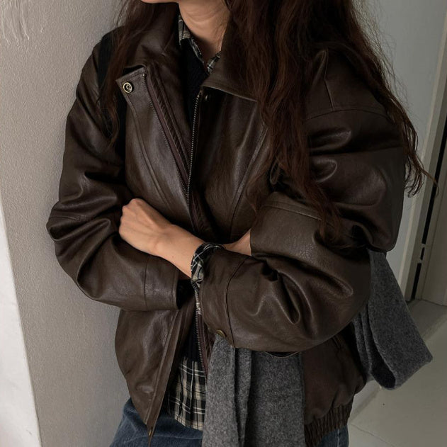 Vintage Pu Leather Oversized Zip Up Jacket