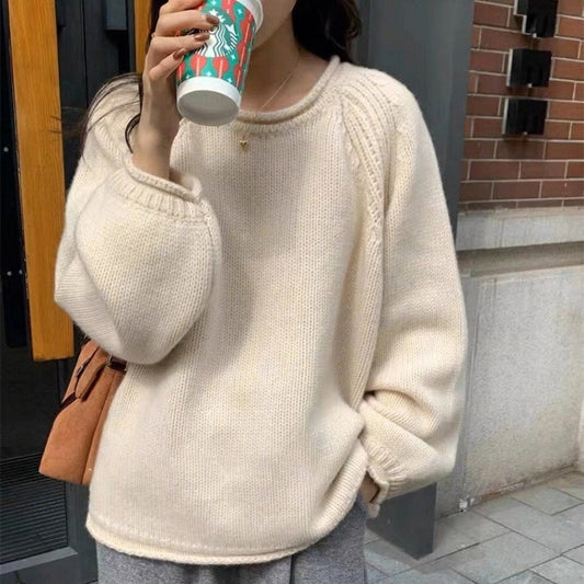 Vintage Round Neck Solid Color Oversized Sweater - fairypeony