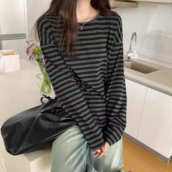 Vintage Round Neck Striped Long Sleeve Tee