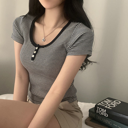 Vintage Round Neck Striped Short Sleeve Tee