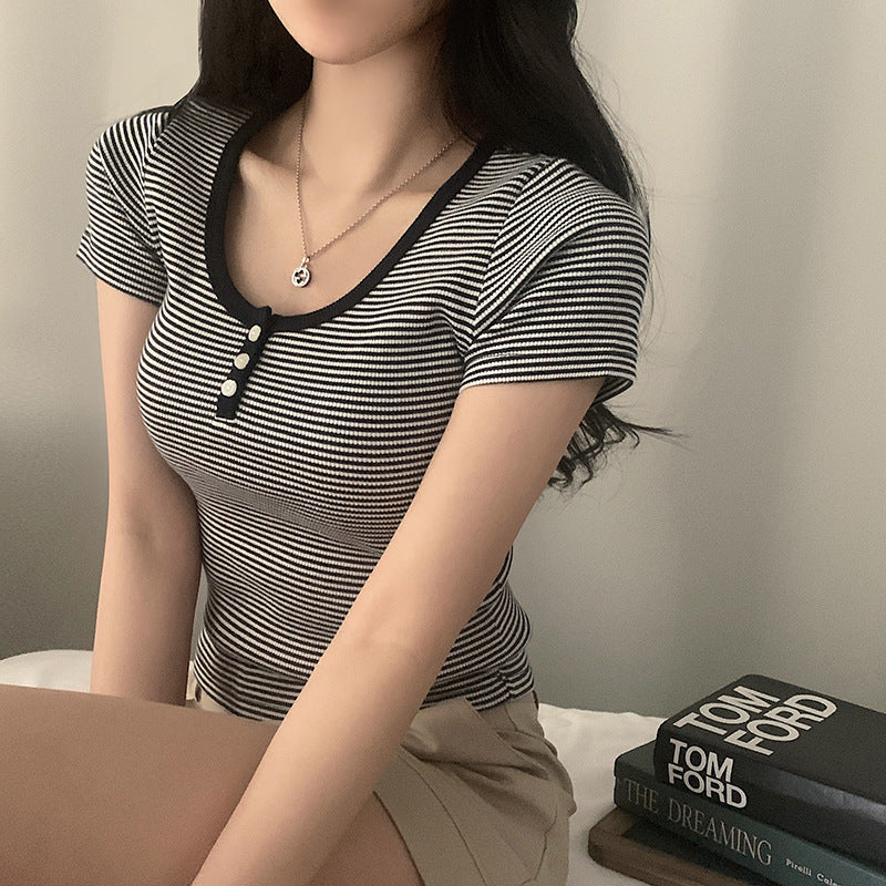 Vintage Round Neck Striped Short Sleeve Tee