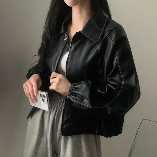 Vintage Sewing Detail Pu Leather Jacket