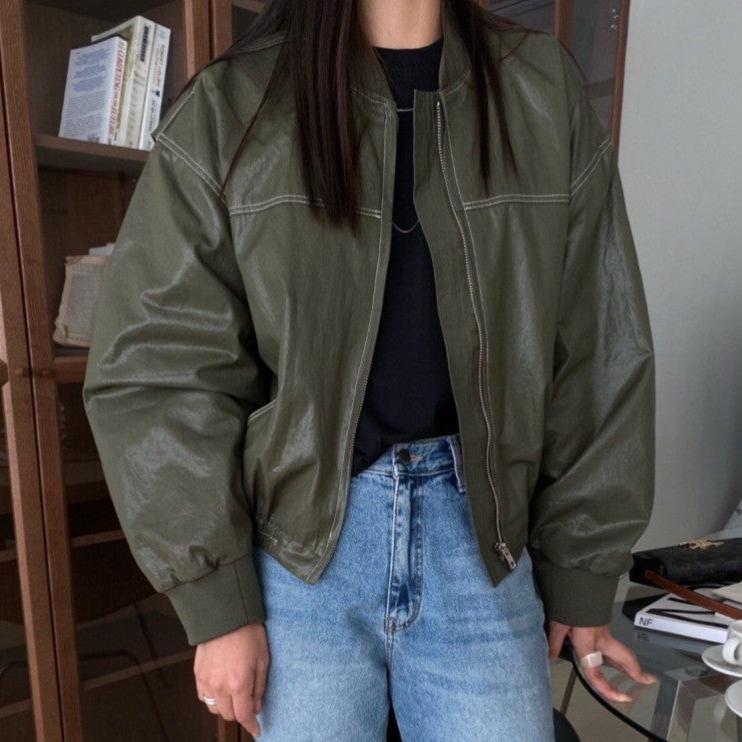 Vintage Sewing Details Pu Leather Zip Up Jacket