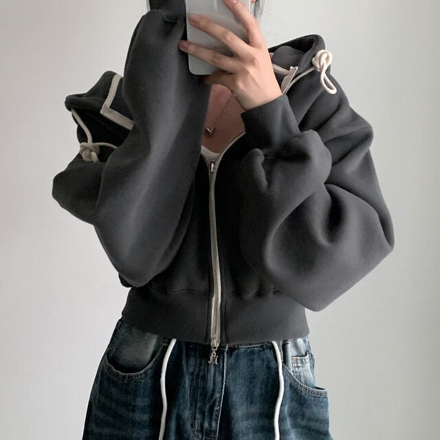 Vintage Solid Color Cropped Zip Up Hoodie