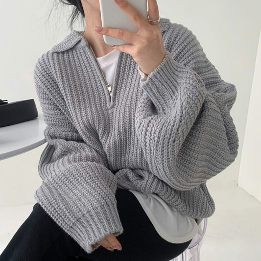 Vintage Solid Color Half Zip Up Sweater
