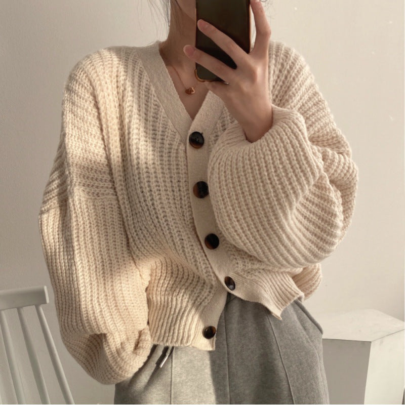 Vintage Solid Color Lantern Sleeve Knitted Cardigan