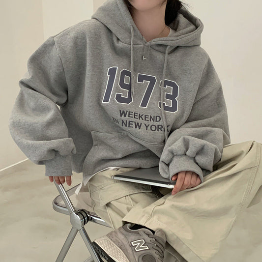Vintage Solid Color Letter Embroidered Hoodie - fairypeony