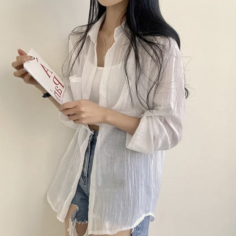 Vintage Solid Color Long Sleeve Thin Loose Blouse