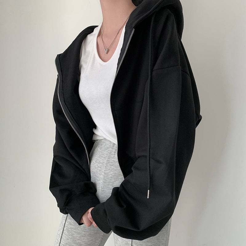 Vintage Solid Color Oversized Crop Zip Up Hoodie