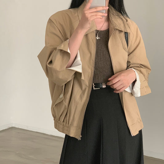 Vintage Solid Color Oversized Zip Up Jacket