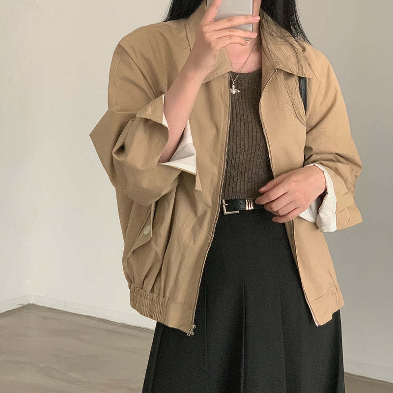 Vintage Solid Color Oversized Zip Up Jacket