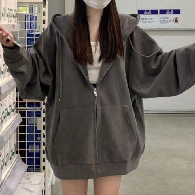 Vintage Solid Color Oversized Zipper Hoodie