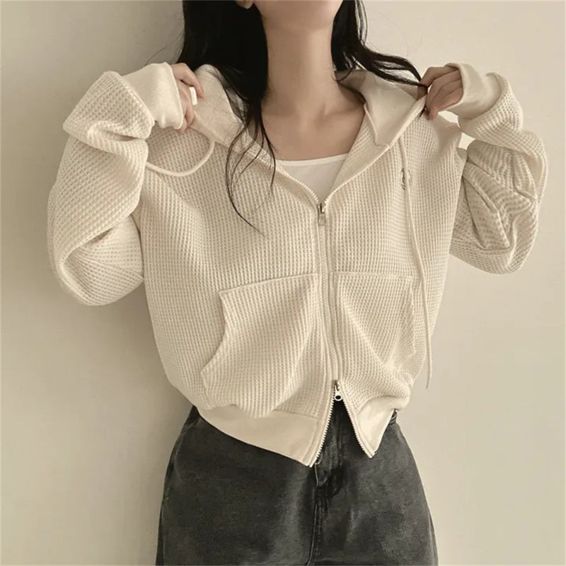 Vintage Solid Color Waffle Zip Up Hoodie