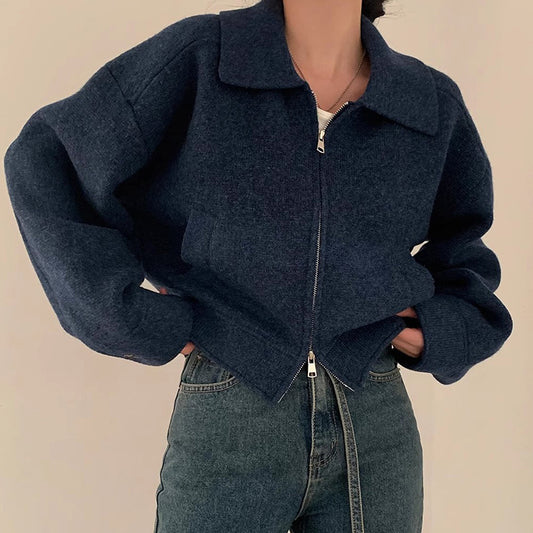 Vintage Solid Color Zip Up Jacket