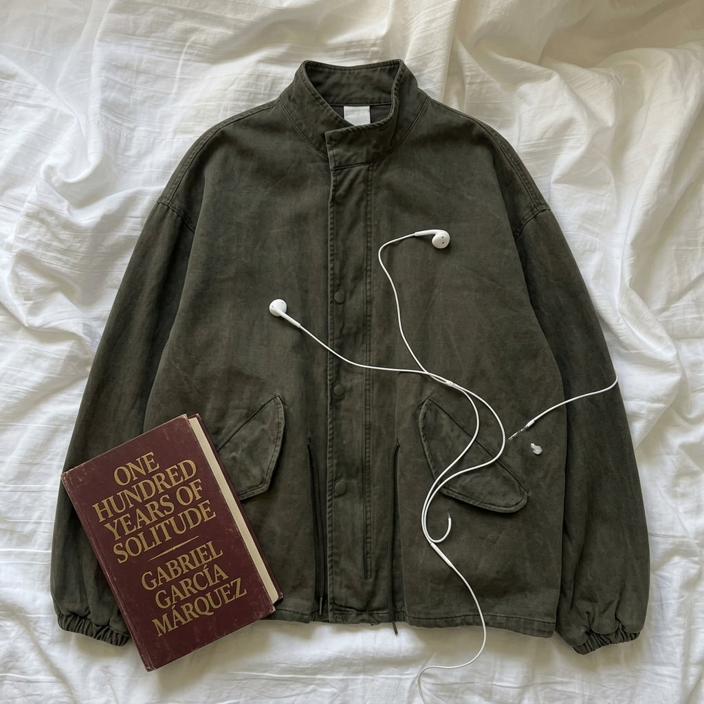 An olive green corduroy jacket is laid flat on white fabric, styled with a book titled 'One Hundred Years of Solitude' by Gabriel García Marquez and white wired earbuds.
